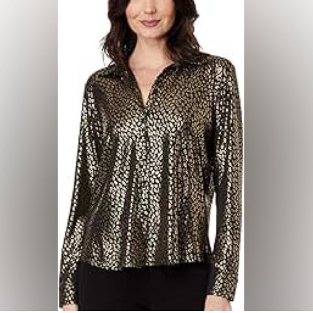 Elliott Lauren Gold Leopard Print Black Button-Down Top Metallic blouse large